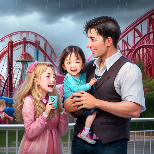 familie in de regen in een pretpark