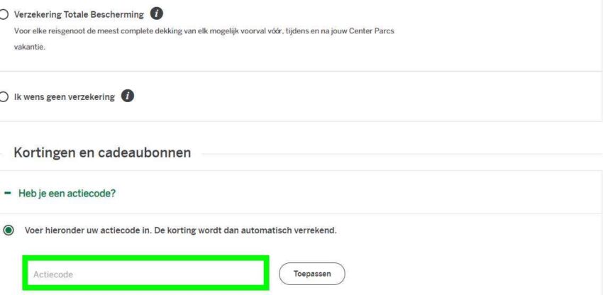 Center Parcs promocode invullen
